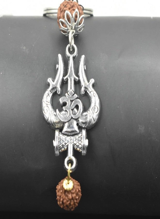 AFH Trishul Damaru Om Silver Rudraksha Charm keychain for Men and Women - Image 1
